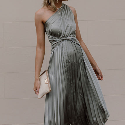 Cali | One Shoulder Midi | Dress | Olive | Twist Waist | Pleated Asymmetrical Hem | Flattering | Elastic Waist | Polyester | Unlined | Versatile for Parties or Maternity | Elegant and Comfortable