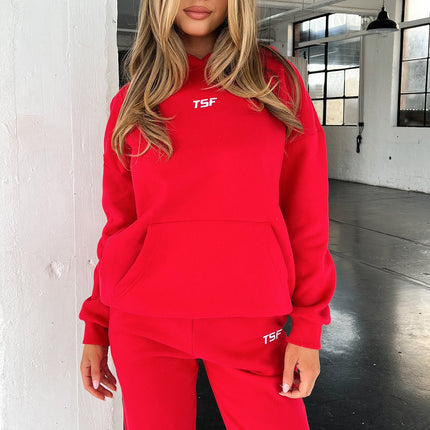 Kaztek Cozy Red Hoodie | Soft Thick Material | Warm Cuffed Sleeves & Hood | Functional Front Pocket | Embroidered TSF Logo | 60% Cotton 40% Polyester | Perfect for Winter | Women's AU 6 / US 2 Example Size
