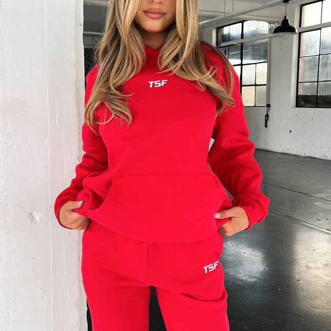 Kaztek Cozy Red Hoodie | Soft Thick Material | Warm Cuffed Sleeves & Hood | Functional Front Pocket | Embroidered TSF Logo | 60% Cotton 40% Polyester | Perfect for Winter | Women's AU 6 / US 2 Example Size