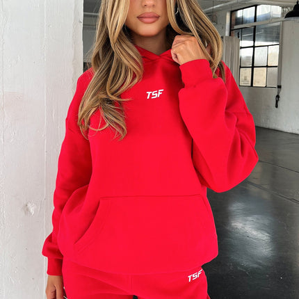 Kaztek Cozy Red Hoodie | Soft Thick Material | Warm Cuffed Sleeves & Hood | Functional Front Pocket | Embroidered TSF Logo | 60% Cotton 40% Polyester | Perfect for Winter | Women's AU 6 / US 2 Example Size