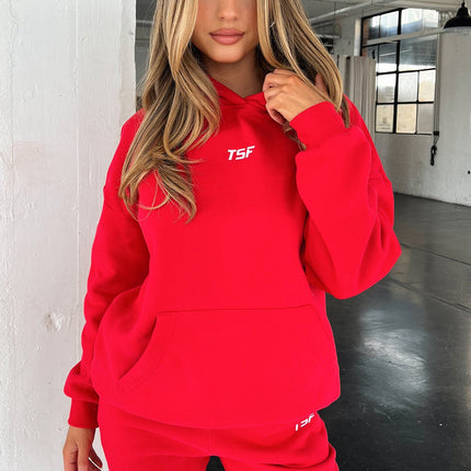 Kaztek Cozy Red Hoodie | Soft Thick Material | Warm Cuffed Sleeves & Hood | Functional Front Pocket | Embroidered TSF Logo | 60% Cotton 40% Polyester | Perfect for Winter | Women's AU 6 / US 2 Example Size