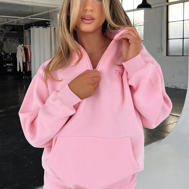 Kaztek Women's Half Zip Sweater | Pink | Long Sleeve | Front Pocket | Stylish Cotton-Polyester Blend | Trendy Outfit