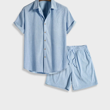 Men's Corduroy Two-Piece Summer Outfit | Button-Up Short Sleeve Shirt & Coordinating Bottoms | Relaxed Fit | Breathable Lightweight Fabric | Available in Beige, Black, Green, Light Blue