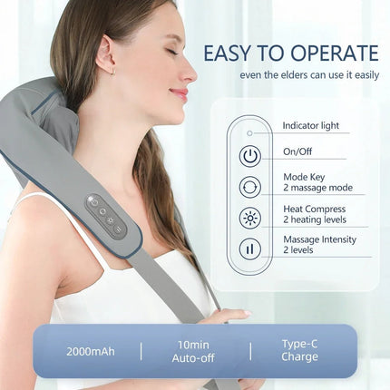 SootheTrapezius | 3D Simulation Electric Massager | Neck & Back Relaxation | Six-Claw Design | Hot Compress Feature | Adjustable Massage Modes | Hands-Free Use | Quiet Operation | Long-Lasting Battery
