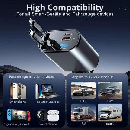 4 in 1 Car Charger Adapter | USB & Type-C Ports | For iPhone, Android, Tablets & Laptops | Extendable & Retractable Cables | 12V-24V Vehicle Compatibility | Smart Voltage Monitor | Multi-Fast Charging Certified