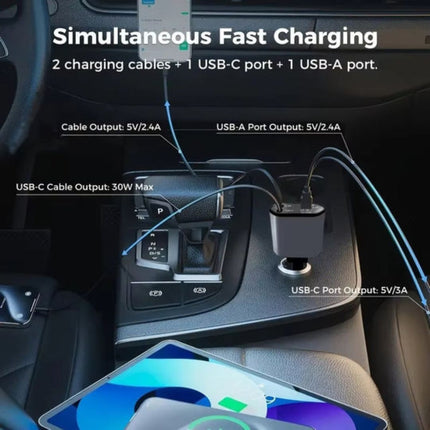 4 in 1 Car Charger Adapter | USB & Type-C Ports | For iPhone, Android, Tablets & Laptops | Extendable & Retractable Cables | 12V-24V Vehicle Compatibility | Smart Voltage Monitor | Multi-Fast Charging Certified