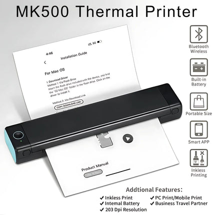 Compact Wireless Thermal Printer | Ink-Free | Bluetooth Connectivity | Portable Travel Design | Quick and Seamless High-Quality Printing from Phone or Laptop | Perfect for Documents, Photos, Labels
