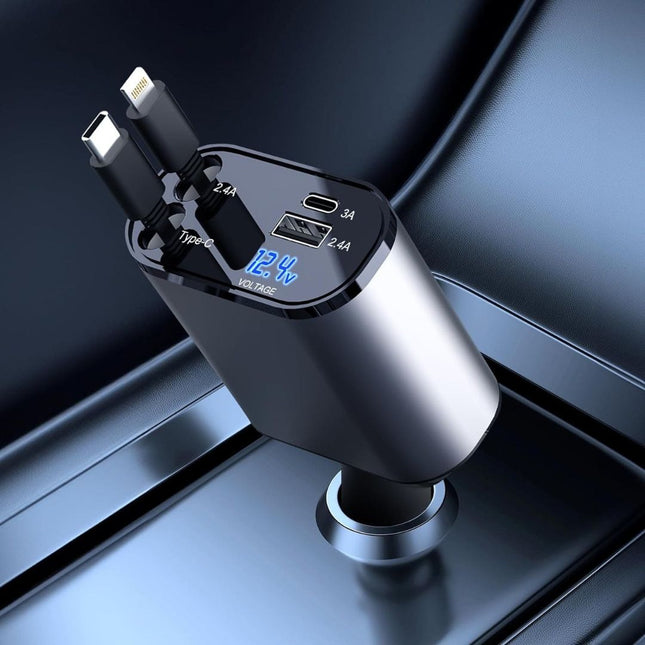 4 in 1 Car Charger Adapter | USB & Type-C Ports | For iPhone, Android, Tablets & Laptops | Extendable & Retractable Cables | 12V-24V Vehicle Compatibility | Smart Voltage Monitor | Multi-Fast Charging Certified