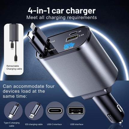 4 in 1 Car Charger Adapter | USB & Type-C Ports | For iPhone, Android, Tablets & Laptops | Extendable & Retractable Cables | 12V-24V Vehicle Compatibility | Smart Voltage Monitor | Multi-Fast Charging Certified
