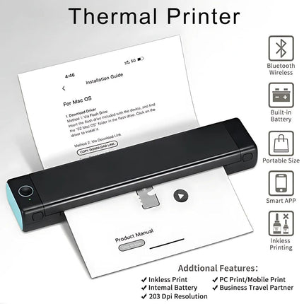Compact Wireless Thermal Printer | Ink-Free | Bluetooth Connectivity | Portable Travel Design | Quick and Seamless High-Quality Printing from Phone or Laptop | Perfect for Documents, Photos, Labels