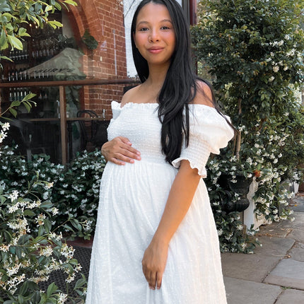 White Cotton Midi Reversible Dress | Relaxed Fit | Shirred Bodice | Mid-Length Balloon Sleeves | Adjustable Tie | Textured Dobby Fabric | Versatile Styling | Ideal for Maternity | Day to Night Wear