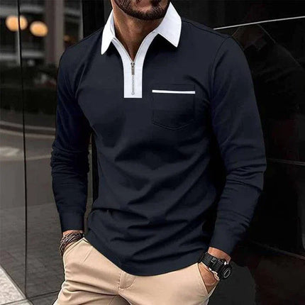 Armoire Melbourne | Men's Color Block Long Sleeve Polo Shirt with Chest Pocket | Casual Cotton Blend
