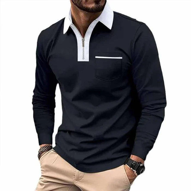 Armoire Melbourne | Men's Color Block Long Sleeve Polo Shirt with Chest Pocket | Casual Cotton Blend