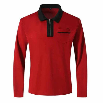 Armoire Melbourne | Men's Color Block Long Sleeve Polo Shirt with Chest Pocket | Casual Cotton Blend