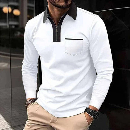Armoire Melbourne | Men's Color Block Long Sleeve Polo Shirt with Chest Pocket | Casual Cotton Blend