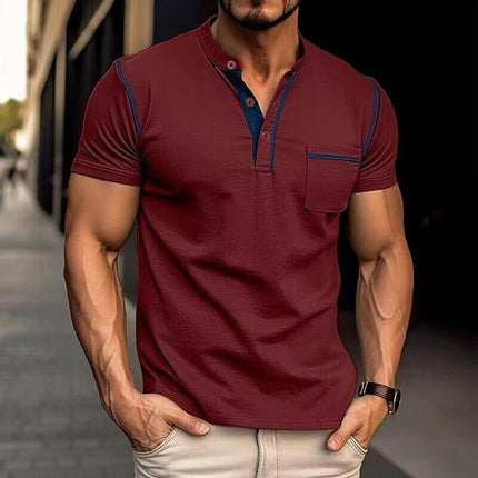 Armoire Melbourne Men's Henley Collar Polo | Short Sleeves | Colorblock Design | Slim Fit | Soft Breathable Fabric | Versatile Casual Wear | Multiple Colors | Fashionable Comfort for Young and Older Men