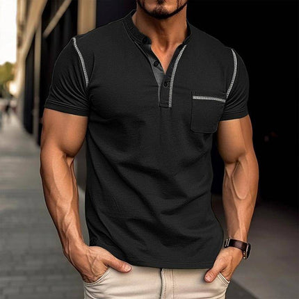 Armoire Melbourne Men's Henley Collar Polo | Short Sleeves | Colorblock Design | Slim Fit | Soft Breathable Fabric | Versatile Casual Wear | Multiple Colors | Fashionable Comfort for Young and Older Men
