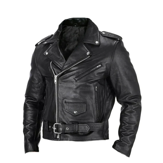 Men's High-Grade Leather Biker Jacket | Classic Biker-Influenced Design | Durable and Comfortable | Belted Waist and Zippered Pockets | Timeless Style for Everyday Wear | Elevates Your Look