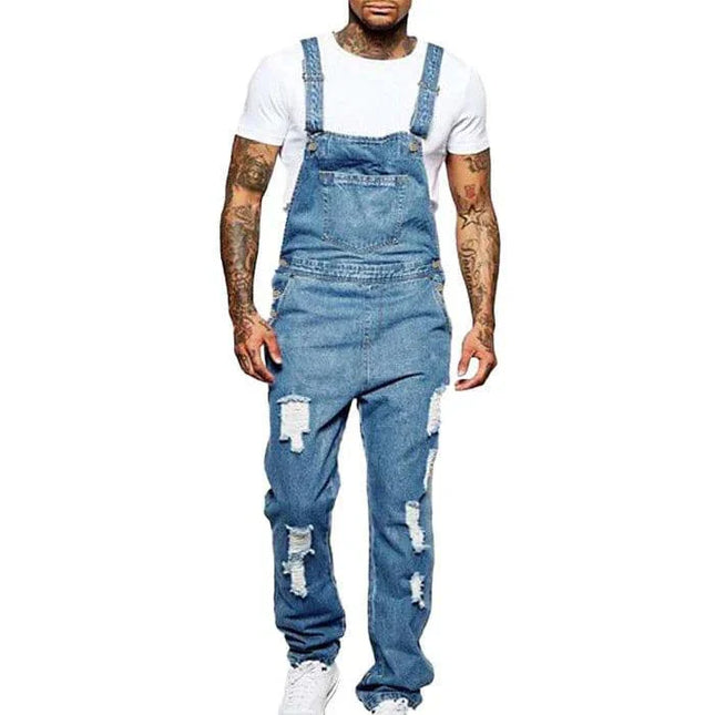 Armoire Melbourne Men's Ripped Denim Overalls | Trendy Relaxed Fit | Adjustable Straps | Vintage Streetwear | Durable Denim | Multiple Pockets | Effortless Urban Style