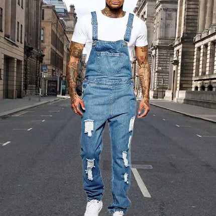 Armoire Melbourne Men's Ripped Denim Overalls | Trendy Relaxed Fit | Adjustable Straps | Vintage Streetwear | Durable Denim | Multiple Pockets | Effortless Urban Style