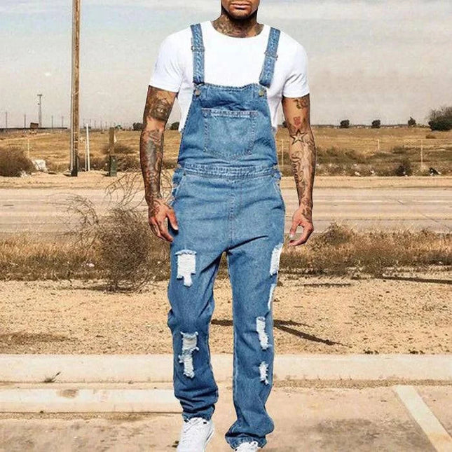 Armoire Melbourne Men's Ripped Denim Overalls | Trendy Relaxed Fit | Adjustable Straps | Vintage Streetwear | Durable Denim | Multiple Pockets | Effortless Urban Style