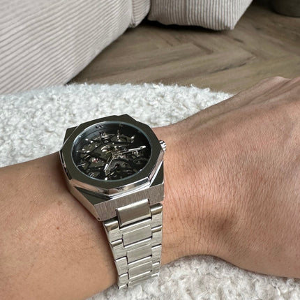 Phantom Stainless Steel Men's Automatic Watch | 42mm Black Dial | Silver Strap | Waterproof 30m | Elegant Design | Adjustable Size | Suitable for All Occasions