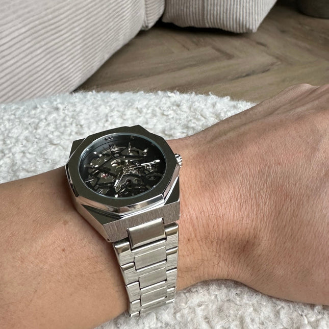 Phantom Stainless Steel Men's Automatic Watch | 42mm Black Dial | Silver Strap | Waterproof 30m | Elegant Design | Adjustable Size | Suitable for All Occasions