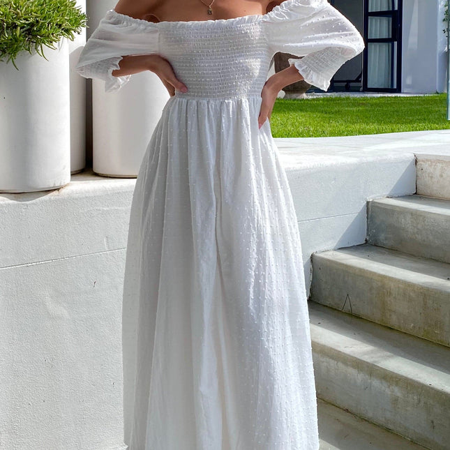 White Cotton Midi Reversible Dress | Relaxed Fit | Shirred Bodice | Mid-Length Balloon Sleeves | Adjustable Tie | Textured Dobby Fabric | Versatile Styling | Ideal for Maternity | Day to Night Wear