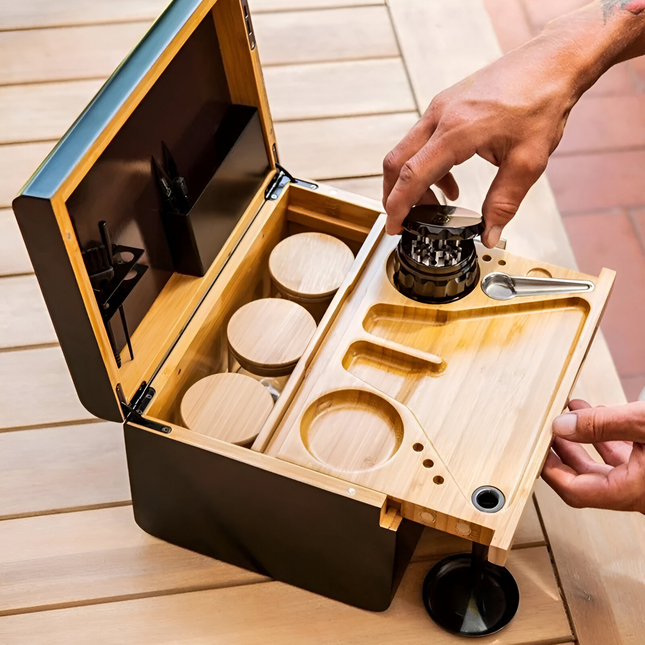 Lockable Bamboo Storage Set | Spacious Organizer with Smell-Proof Jars | Sliding Tray & Grinder | Secure Stash Solution | Elegant Design for Home