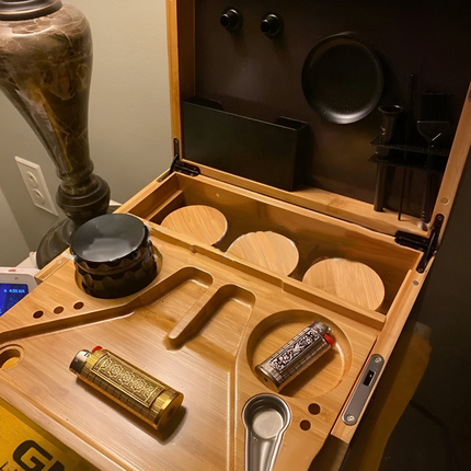 Lockable Bamboo Storage Set | Spacious Organizer with Smell-Proof Jars | Sliding Tray & Grinder | Secure Stash Solution | Elegant Design for Home