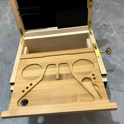 Lockable Bamboo Storage Set | Spacious Organizer with Smell-Proof Jars | Sliding Tray & Grinder | Secure Stash Solution | Elegant Design for Home