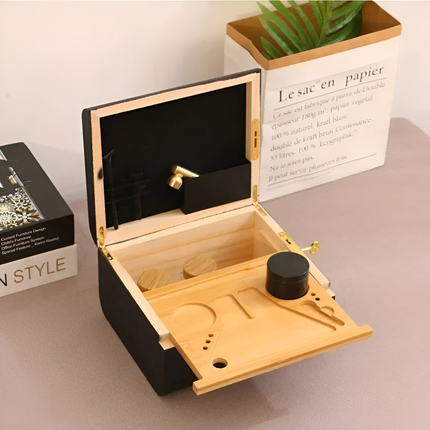 Lockable Bamboo Storage Set | Spacious Organizer with Smell-Proof Jars | Sliding Tray & Grinder | Secure Stash Solution | Elegant Design for Home