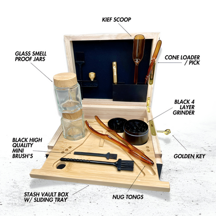 Lockable Bamboo Storage Set | Spacious Organizer with Smell-Proof Jars | Sliding Tray & Grinder | Secure Stash Solution | Elegant Design for Home
