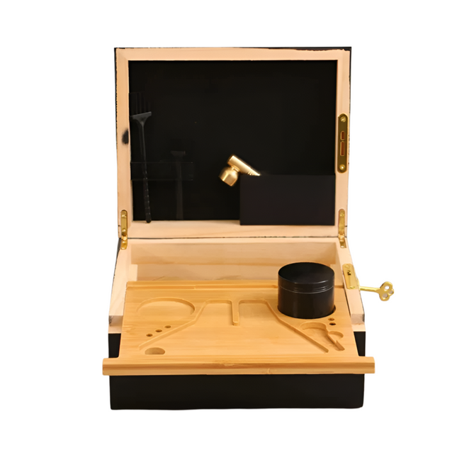 Lockable Bamboo Storage Set | Spacious Organizer with Smell-Proof Jars | Sliding Tray & Grinder | Secure Stash Solution | Elegant Design for Home