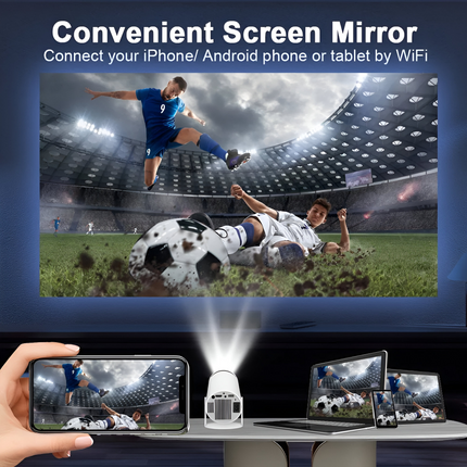 Mini HD Projector | WiFi6 & Bluetooth 5.0 | 720p Resolution | 4K Video Decoding | Built-in Streaming Apps | 130" Display | Auto-Focus & Keystone | HDMI, USB, MicroSD | Portable Design | Long-lasting Bulb