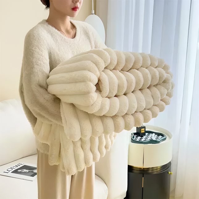 Faux Rabbit Fur Throw Blanket | Double-Sided Flannel | Thick & Warm | Reversible Soft Fleece | Elegant Textured Design | Cozy Addition for Sofa & Bed | Multiple Colors & Sizes | Easy-Care Machine Washable