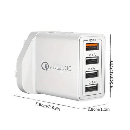4-Port USB Fast Charger | QC3.0 Technology | UK Plug | Universal Compatibility | Fireproof Casing | Compact Design | Ideal for Travel | Overload & Short-Circuit Protection | 4X Faster Charging | 36W Power | 4 USB Ports