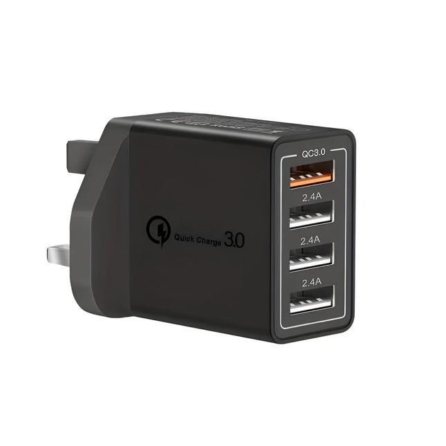 4-Port USB Fast Charger | QC3.0 Technology | UK Plug | Universal Compatibility | Fireproof Casing | Compact Design | Ideal for Travel | Overload & Short-Circuit Protection | 4X Faster Charging | 36W Power | 4 USB Ports