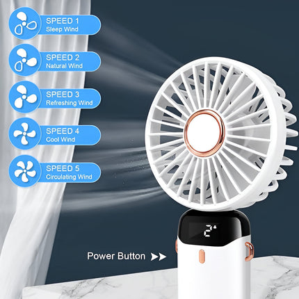 Rechargeable Handheld Fan | 5-Speed Mini Cooling Device | 90° Adjustable Head | Dual 5000mAh Battery | LED Display | Low Noise | Portable Pocket Size | Type-C Fast Charging | Stylish Design | Multi-use