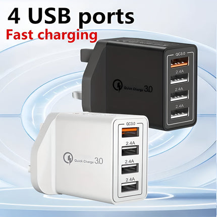 4-Port USB Fast Charger | QC3.0 Technology | UK Plug | Universal Compatibility | Fireproof Casing | Compact Design | Ideal for Travel | Overload & Short-Circuit Protection | 4X Faster Charging | 36W Power | 4 USB Ports