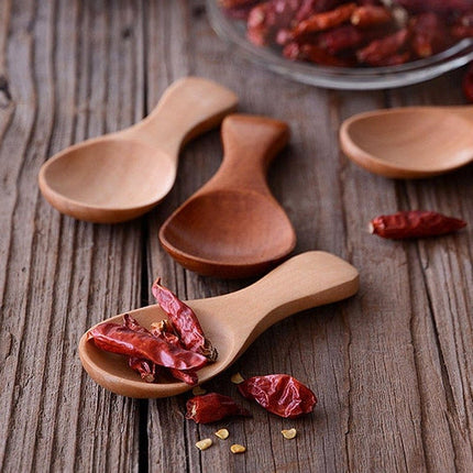 Wooden Condiment Spoons Set | 4 Piece | Schima Superba Wood | Salt & Spice Jar Spoon | Light & Dark Colors | 7.0 x 3.5cm Size | Elegant Pantry Accessory | Hand Wash Only