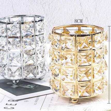 Gold & Silver Crystal Make-up Brush Organizer | Cylindrical Design | Metal Frame with Feet | Home Vanity Storage Solution | 8 x 12cm | Single Holder