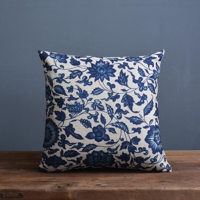 Porcelain-Inspired Throw Pillow Cover | Linen Blend Cushion | Blue Traditional Chinese Patterns | Home Decor Accent | Sizes 45x45cm or 30x50cm | Decorative Pillow Cover Only | Linen Cotton Fabric