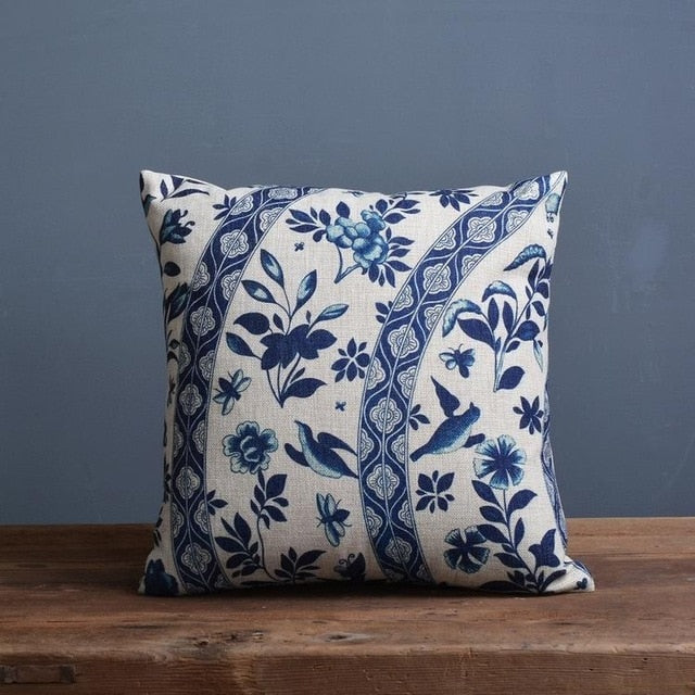 Porcelain-Inspired Throw Pillow Cover | Linen Blend Cushion | Blue Traditional Chinese Patterns | Home Decor Accent | Sizes 45x45cm or 30x50cm | Decorative Pillow Cover Only | Linen Cotton Fabric