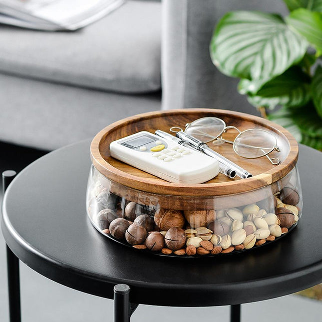 Rounded Glass Jar | Acacia Wood Lid | Food Storage Container | 2350mL | Elegant Dining Accent | Ideal for Nuts, Candy, Dried Fruit | Versatile Serving Tray | Kitchen Organizer
