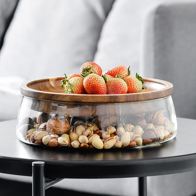 Rounded Glass Jar | Acacia Wood Lid | Food Storage Container | 2350mL | Elegant Dining Accent | Ideal for Nuts, Candy, Dried Fruit | Versatile Serving Tray | Kitchen Organizer