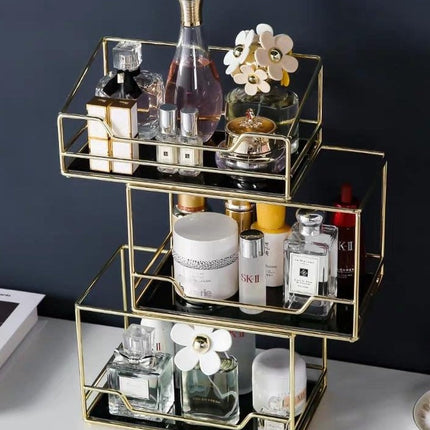 Golden Finish Metal Frame Makeup Organizer | Rotating 2-Tier or Single-Tier | Choose Rectangle or Rounded Shape | Glass Base | Adjustable Compartment System for Skincare & Fragrances | Easy Access Design