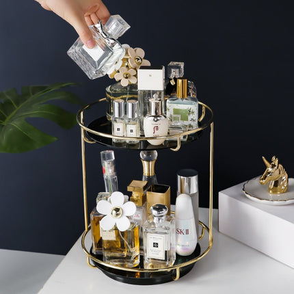 Golden Finish Metal Frame Makeup Organizer | Rotating 2-Tier or Single-Tier | Choose Rectangle or Rounded Shape | Glass Base | Adjustable Compartment System for Skincare & Fragrances | Easy Access Design