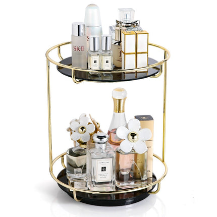 Golden Finish Metal Frame Makeup Organizer | Rotating 2-Tier or Single-Tier | Choose Rectangle or Rounded Shape | Glass Base | Adjustable Compartment System for Skincare & Fragrances | Easy Access Design