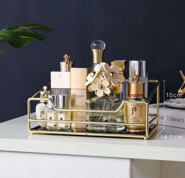 Golden Finish Metal Frame Makeup Organizer | Rotating 2-Tier or Single-Tier | Choose Rectangle or Rounded Shape | Glass Base | Adjustable Compartment System for Skincare & Fragrances | Easy Access Design